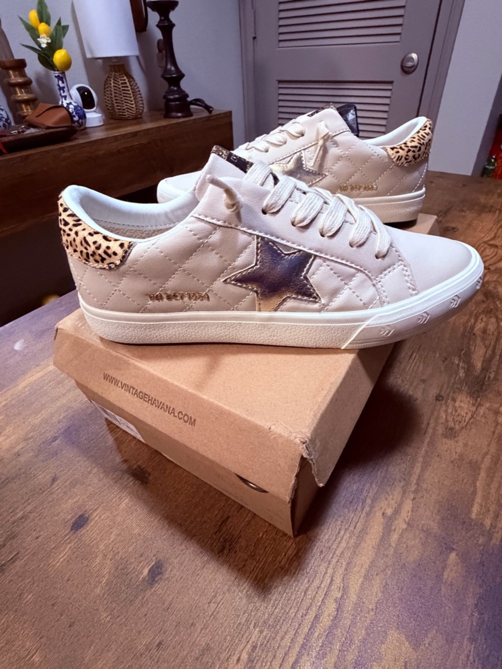 Vintage Havana Cream Quilted Sneaker with Metallic Gold Star and Leopard Heel